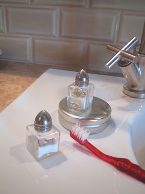 Salt shakers—whether found at flea markets or kitchen supply stores—make fun, practical containers for your tooth powder. Smaller ones work nicely.